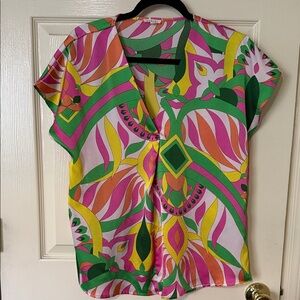 JODIFL Multicolor Abstract V-Neck Blouse - Pink, Green, Yellow, Orange